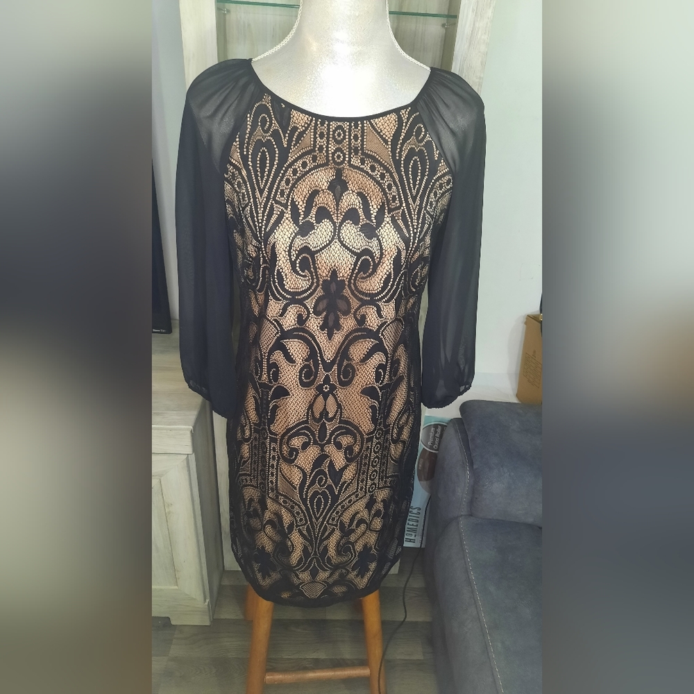 Adrianna Papell Black and Nude Lace Long Sleeve Von Maur Dress - size 6